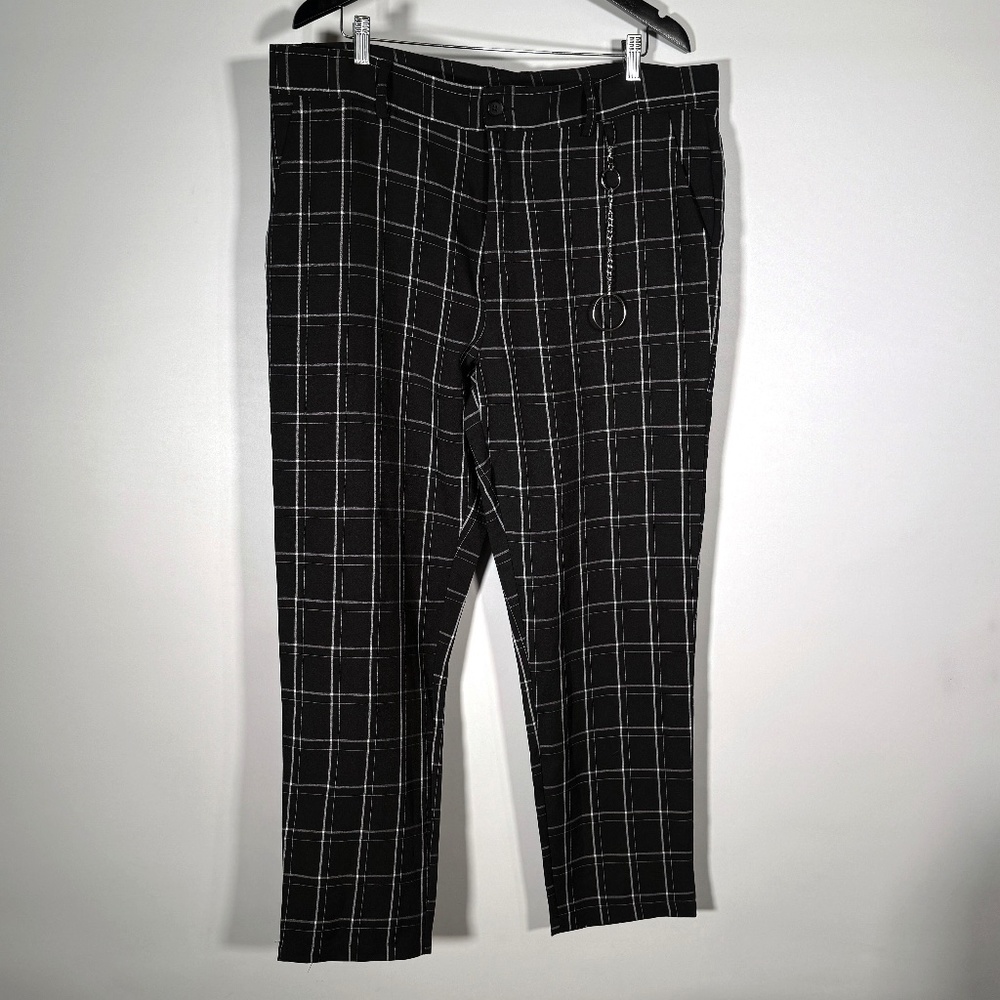 Black Plaid Cropped Pants w/ Removable Chain | Lightweight | Men’s XXL